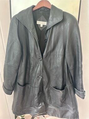 Valerie Stevens Black Leather Button-Front Coat with Patch Pockets